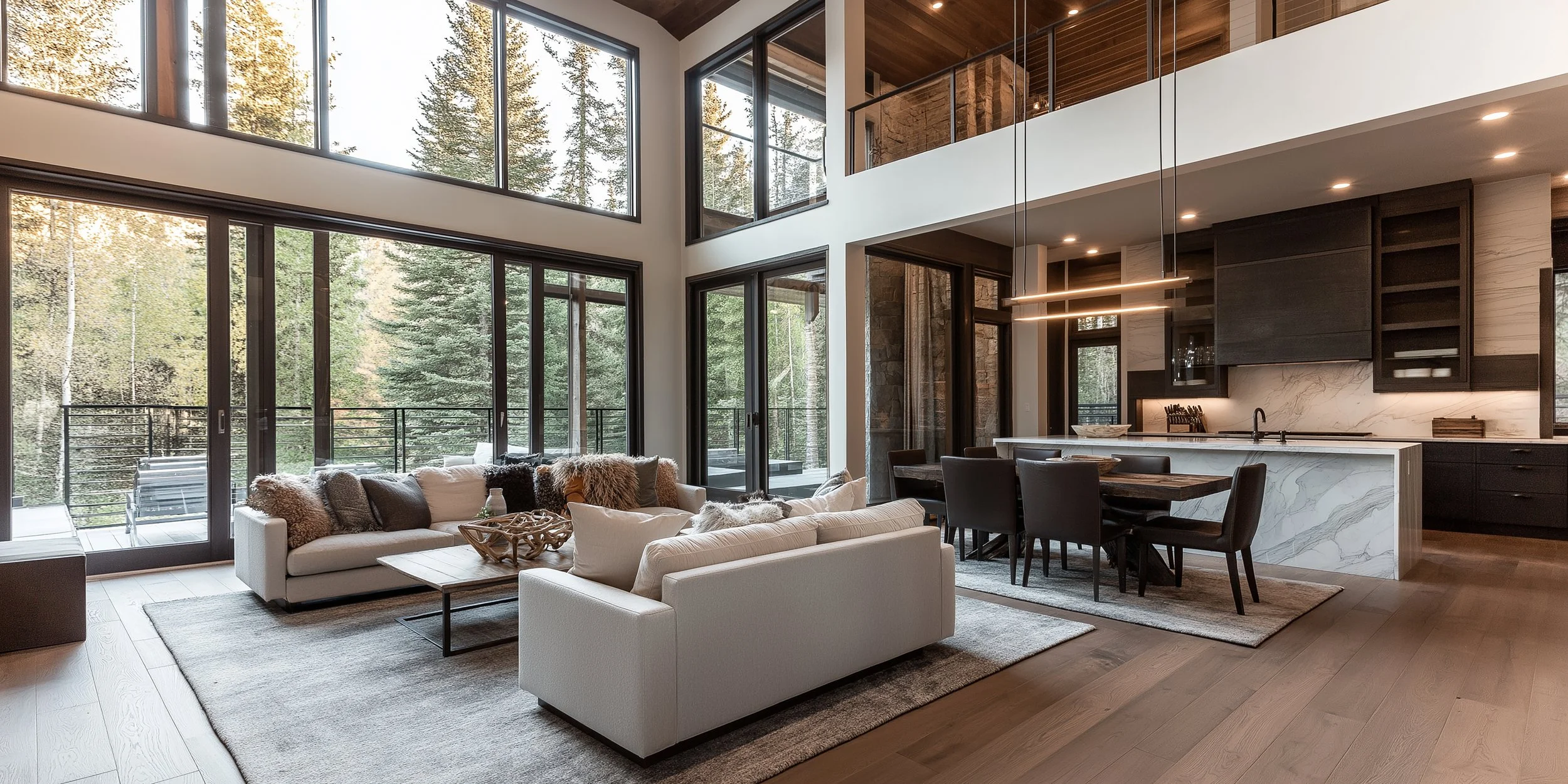 Open concept living room and kitchen with large floor-to-ceiling windows showing a forest view, modern white sofa with fur pillows, and a dining table with black chairs.